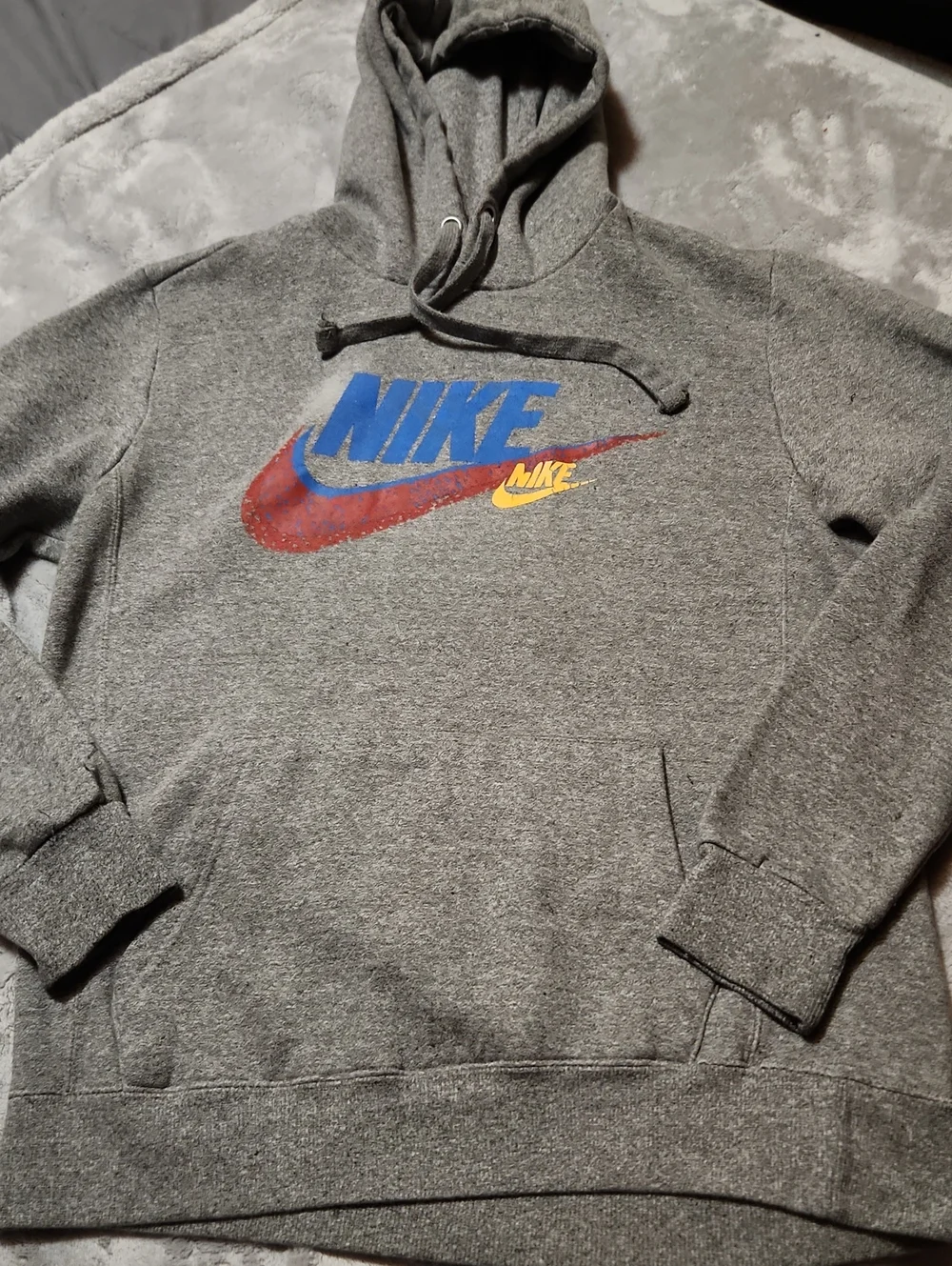 Nike Gray Pullover Hoodie with Blue, Red & Yellow Swoosh
